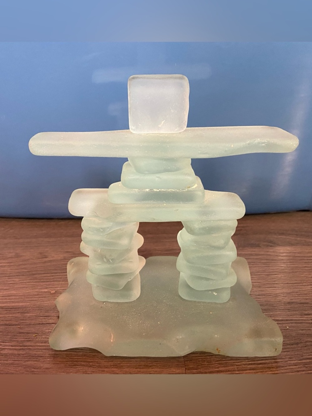 Source Unknown Frosted Sea Glass Inukshuk Sculpture - Pale Aqua